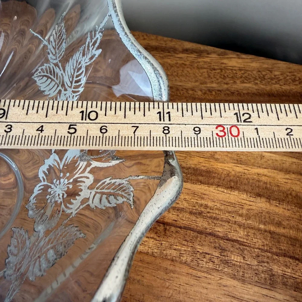 Vintage Silver Overlay Glass Footed Bowl Scalloped Floral Centerpiece 11 Inch